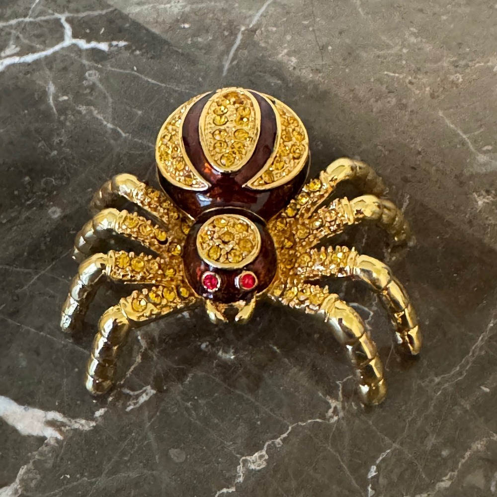 Jeweled Spider Trinket Box Gold Tone Enamel Rhinestone Hinged Collectible Box
